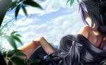  bamboo bare_shoulders braid breasts cloud day from_behind hair_ribbon highres initial_f large_breasts long_hair lying off_shoulder on_side ribbon shirt silver_hair sky solo touhou yagokoro_eirin 