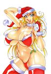  areola_slip areolae azuki_kurenai bikini blonde_hair blue_eyes breasts christmas curvy hat highres huge_breasts long_hair mature open_mouth original santa_hat solo swimsuit thick_thighs thighhighs thighs very_long_hair 