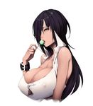  bad_id bad_pixiv_id black_hair blue_eyes breasts candy cleavage covered_nipples food huge_breasts lollipop long_hair mole mole_under_eye original solo soya_(torga) upper_body wristband 