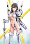  armor bad_id bad_pixiv_id bakuzan black_hair blue_eyes breasts cleavage cleavage_cutout glowing glowing_eyes highres junketsu katana kill_la_kill kiryuuin_satsuki kotikomori large_breasts long_hair midriff navel revealing_clothes sheath sheathed spikes suspenders sword thighhighs weapon 