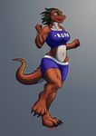  anthro claws clothing dragon fangs female gradient_background green_eyes jogging longblueclaw navel open_mouth red_body sam_fischer shirt shorts smile solo stargate525 tank_top toe_claws wide_hips 