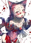  ahoge animal_ears bad_id bad_pixiv_id blood blood_in_mouth blood_on_face blood_splatter blush breasts brooch brown_hair fang fingernails fur imaizumi_kagerou jewelry long_fingernails long_hair mutsutsu navel nipples open_mouth red_eyes simple_background small_breasts solo tail tears touhou werewolf white_background wolf_ears wolf_tail 