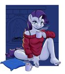  5_toes anthro anthrofied blue_eyes clothing colored cup drink equine female fire fireplace friendship_is_magic fur hair holding horn horse human_feet inside mammal marshmallow muffinshire mug my_little_pony panties pillow plantigrade pony purple_hair rarity_(mlp) sitting smile solo sweater toes underwear unicorn white_fur 