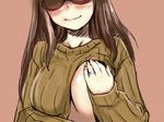  blush breast_lift breasts brown_hair clothes_lift covering covering_breasts glasses head_out_of_frame jewelry large_breasts long_hair original red-framed_eyewear ribbed_sweater ring sakaki_imasato shirt_lift smile solo sweater sweater_lift wedding_band 