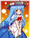  :c blue_hair blush bow eruru_(erl) food frame fruit hat highres hinanawi_tenshi lights long_hair looking_at_viewer peach puffy_sleeves red_eyes shirt short_sleeves skirt solo tears touhou v_arms very_long_hair 