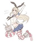  armpits blonde_hair boots breasts brown_eyes clenched_hand elbow_gloves full_body gloves grey_footwear hair_ribbon hairband highleg highleg_panties innertube kantai_collection long_hair midriff panties raised_fist red_legwear rensouhou-chan ribbon shimakaze_(kantai_collection) simple_background sketch small_breasts soa solo striped striped_legwear thighhighs translation_request underwear white_background 
