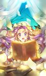  book character_doll crescent curtains hair_ribbon hat highres kirisame_marisa lamp long_hair maryquant open_book open_mouth paper patchouli_knowledge purple_eyes purple_hair ribbon solo touhou tree 