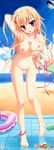  absurdres anklet asahina_shin bad_id bad_yandere_id barefoot bathing beach bikini bikini_bottom_removed bikini_top_removed blonde_hair blush breasts cleavage d: day green_eyes hair_ornament hairclip highres huge_filesize innertube jewelry karumaruka_circle large_breasts long_hair necklace nipples no_pussy nude open_mouth outdoors scan shower_head solo striped striped_bikini swimsuit swimsuit_removed tile_floor tiles toranosuke very_long_hair water 