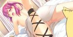  ankle_lace-up bad_id bad_pixiv_id blush cccpo censored cross-laced_footwear dress dress_pull embarrassed jewelry jewelry_removed magi_the_labyrinth_of_magic morgiana mosaic_censoring necklace necklace_removed on_bed one_side_up open_mouth pink_eyes pink_hair pussy solo wavy_mouth 