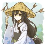  arrow black_hair blue_eyes empty_eyes fan hair_between_eyes hair_ornament hair_ribbon hat japanese_clothes kimono long_hair looking_at_viewer obi original ribbon rice_hat sash senhappyaku solo 