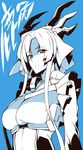  blue_background bodysuit frills frown kazuno_(horizon) kyoukaisenjou_no_horizon maid nanao_(mahaya) partially_colored red_eyes solo 