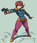  alex_ahad belt blue_eyes blue_leotard brown_hair fingerless_gloves gloves gun handgun leotard pantyhose pistol project_sen sen_(project_sen) short_hair shoulder_pads solo weapon 