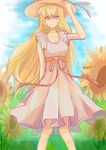  ahoge akashasi blonde_hair dress field flower grass hat highres long_hair meadow nature purple_eyes rwby smile solo sun_hat sundress sunflower yang_xiao_long 