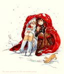  blue_eyes blush boots bunny cape cropped_jacket cross-laced_footwear dress english kamejikiriga knee_boots lace-up_boots multiple_girls pantyhose ruby_rose rwby shared_cape shared_clothes silver_eyes skirt smile snow snowing warming weiss_schnee white_hair 