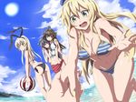  ass atago_(kancolle) beach bikini blonde_hair blue_hair breasts brown_hair cleavage green_eyes haruna_(kancolle) headband kamisa kantai_collection kongou_(kancolle) long_hair shimakaze_(kancolle) swimsuit water 