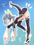  1girl bent_over blue_background blue_hair commentary_request dizzy guilty_gear high_heels high_ponytail highres long_sleeves no_panties noraico outline puffy_long_sleeves puffy_sleeves red_eyes ribbon sidelocks tail tail_ribbon thighhighs top-down_bottom-up 