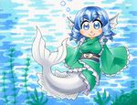  animal_ears blue_eyes blue_hair blush breasts bubble chibi head_fins japanese_clothes kawachi_koorogi long_sleeves medium_breasts mermaid monster_girl obi sash short_hair sleeves_past_wrists smile solo touhou underwater wakasagihime 