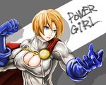  blonde_hair blue_eyes breasts cape character_name cleavage cleavage_cutout clenched_hand dc_comics fighting_stance gloves highres large_breasts leotard lips muscle pottsu power_girl red_cape short_hair solo superhero 