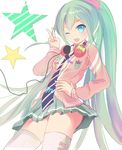  aqua_eyes fang green_hair gumo hand_on_hip hatsune_miku headphones headphones_around_neck long_hair necktie one_eye_closed open_clothes open_mouth open_shirt project_diva_(series) project_diva_f ribbon_girl_(module) shirt skirt solo star thighhighs v very_long_hair vocaloid white_background 