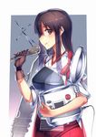  akagi_(kantai_collection) breasts brown_eyes brown_hair eating food food_on_face gloves japanese_clothes kantai_collection long_hair medium_breasts muneate rice rice_cooker rice_on_face rice_spoon single_glove siqi_(miharuu) smile solo 