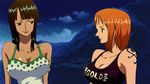  2girls animated animated_gif bare_shoulders black_hair bouncing_breasts breasts female large_breasts lowres multiple_girls nami nami_(one_piece) nico_robin one_piece orange_hair screencap tattoo upper_body 