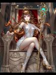  bowl brown_hair choker cross-laced_footwear crossed_legs dragon's_shadow dress food fruit gorgon grapes long_hair panties pot red_eyes sandals shadowgrave sitting snake_hair solo staff throne tiara underwear 