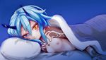  bed blue_background blue_eyes blue_hair blurry blush breasts depth_of_field flipped_hair hair_between_eyes hand_on_own_chest heterochromia horns indoors io_(pso2) light_smile looking_at_viewer lying naked_sheet nipples nude on_side orange_eyes phantasy_star phantasy_star_online_2 pillow sidelocks simple_background small_breasts smile solo tattoo under_covers upper_body wisespeak 