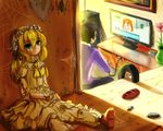  2girls against_wall ant bai_yemeng bell black_hair blonde_hair blue_eyes bug chinese_commentary closet commentary controller crying damaged doll doll_joints dress flower game_controller hairband head_tilt highres insect isopod jingle_bell layered_dress light lolita_hairband looking_up multiple_girls original ribbon short_hair silk sitting spider spider_web streaming_tears tears television torn_clothes vase 