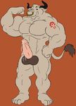  anthro balls biceps big big_muscles big_penis bovine cattle facial_piercing flexing fur grey_fur grin horn juano leaking male mammal muscles nose_piercing nude pacman20 pecs penis piercing plain_background pose precum presenting ranu sheath smile solo tattoo 