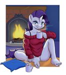  5_toes anthro anthrofied blue_eyes clothing colored cup drink equine female fire fireplace friendship_is_magic fur hair hi_res holding horn horse human_feet inside mammal marshmallow muffinshire mug my_little_pony panties pillow plantigrade pony purple_hair rarity_(mlp) sitting smile solo sweater toes underwear unicorn white_fur 