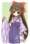  bashamichi blush border brown_eyes brown_hair hair_ornament hair_ribbon hakama japanese_clothes kimono long_hair looking_at_viewer meiji_schoolgirl_uniform original outside_border purple_hakama ribbon senhappyaku simple_background solo yagasuri 