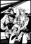  ascot caesar_anthonio_zeppeli feathers greyscale hair_feathers hat highres jojo_no_kimyou_na_bouken joseph_joestar_(young) leotard monochrome multiple_boys scarf sleeveless sleeveless_turtleneck turtleneck zishanjiang 