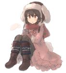  1girl absurdres bangs blush_stickers boots brown_footwear brown_hair brown_hat brown_legwear coat commentary_request cup eyebrows_visible_through_hair full_body hair_between_eyes hat highres holding holding_cup inaba_tewi inazakura00 leg_warmers long_sleeves mittens mug pantyhose parted_lips pink_coat red_eyes red_mittens red_ribbon red_scarf ribbon scarf simple_background sitting sketch solo touhou white_background 