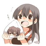  akagi_(kantai_collection) bad_id bad_twitter_id black_eyes blush brown_hair chibi food jitome kaga_(kantai_collection) kantai_collection long_hair lowres minigirl multiple_girls muneate onigiri open_mouth rebecca_(keinelove) short_hair side_ponytail u_u 