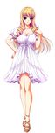  absurdres anklet bertille_althusser blonde_hair blue_eyes blush breasts cleavage dress drill_hair highres jewelry komori_kei large_breasts legs long_hair looking_at_viewer sandals scan simple_background solo twin_drills twintails very_long_hair walkure_romanze 