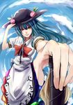  blue_hair cloud cloudy_sky day food fruit hat hinanawi_tenshi long_hair minami_koyogi peach red_eyes sky smile solo sword_of_hisou touhou 