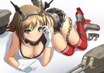  bare_shoulders blush breasts brown_hair chain chaki-yam cleavage collar crop_top downblouse gloves green_eyes kantai_collection kneehighs large_breasts lying miniskirt mutsu_(kantai_collection) red_legwear short_hair skirt smile solo thighhighs 