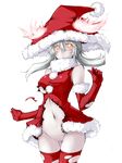  alternate_costume blush breasts elbow_gloves gloves hat kaminagi_(kaminagi-tei) kantai_collection large_breasts long_hair navel no_panties pale_skin pussy red_gloves red_legwear santa_costume santa_hat shinkaisei-kan silver_hair simple_background solo thighhighs torn_clothes white_background wo-class_aircraft_carrier yellow_eyes 