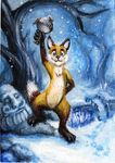  blue_eyes canine cute forest fox looking_at_viewer male mammal outside snow traditional_media tree trophy winter 