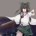  arm_cannon black_hair black_wings bow breasts gigantic_breasts hair_bow long_hair minami_koyogi red_eyes reiuji_utsuho solo touhou weapon wings 