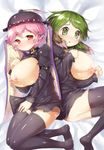  alternate_breast_size animal_ears ass back-to-back bad_id bad_pixiv_id black_legwear blush breasts breasts_outside choujuu_gigaku collar danbo_(rock_clime) dress green_eyes green_hair hat highres huge_breasts kasodani_kyouko long_sleeves looking_at_viewer lying multiple_girls mystia_lorelei nipples no_panties on_side open_mouth pink_hair red_eyes short_hair smile thighhighs touhou wings zettai_ryouiki 