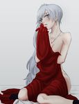  bare_shoulders blue_eyes cape earrings funblade jewelry long_hair naked_cape pendant rwby scar side_ponytail sitting solo tiara wariza weiss_schnee white_hair 