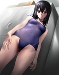  bad_id bad_pixiv_id black_hair breasts brown_eyes covered_navel fingernails from_below hand_on_thigh highres himeragi_yukina light_frown locker locker_room one-piece_swimsuit school_swimsuit shisshou_senkoku short_hair small_breasts solo strike_the_blood swimsuit 