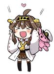  &gt;_&lt; :d ahoge arms_up blush brown_hair chibi closed_eyes hairband hat heart kantai_collection kongou_(kantai_collection) lr_hijikata nontraditional_miko open_mouth simple_background smile solo stuffed_animal stuffed_toy teddy_bear white_background wide_sleeves xd 