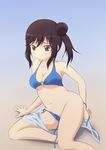  bikini black_hair blue_bikini blue_sarong brown_eyes hair_bun hiiro_(atlas) ichijou_hotaru long_hair navel non_non_biyori o-ring o-ring_top sarong sarong_removed side_ponytail solo swimsuit untied 