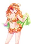  absurdres bikini bikini_skirt blush breasts cleavage eyewear_on_head flower frilled_bikini frills hibiscus highres kukuri_(ahagon) long_hair looking_at_viewer medium_breasts orange_bikini orange_hair original red_eyes shiny shiny_skin solo sunglasses swimsuit towel wet 