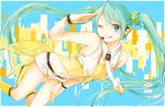  alternate_costume aqua_eyes aqua_hair bad_id bad_pixiv_id hatsune_miku long_hair moegi0926 necktie one_eye_closed smile solo tongue twintails vocaloid wristband yellow_(vocaloid) 