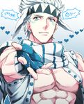  bad_id bad_pixiv_id blue_eyes caesar_anthonio_zeppeli facial_mark feathers fingerless_gloves gloves hair_feathers headband jojo_no_kimyou_na_bouken male_focus outstretched_hand scarf solo te_ru_ya vest white_hair 