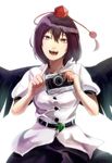  black_hair black_wings camera hat looking_at_viewer minami_koyogi open_mouth red_eyes shameimaru_aya short_hair skirt smile solo tokin_hat touhou wings 