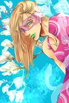  blonde_hair blue_background blue_eyes collarbone earrings flower from_side green_lipstick highres jewelry jin_(usi0102) jojo_no_kimyou_na_bouken leaning_forward lips lipstick long_hair magnolia makeup male_focus mask melone parted_lips single_sleeve snake solo stud_earrings transparent 